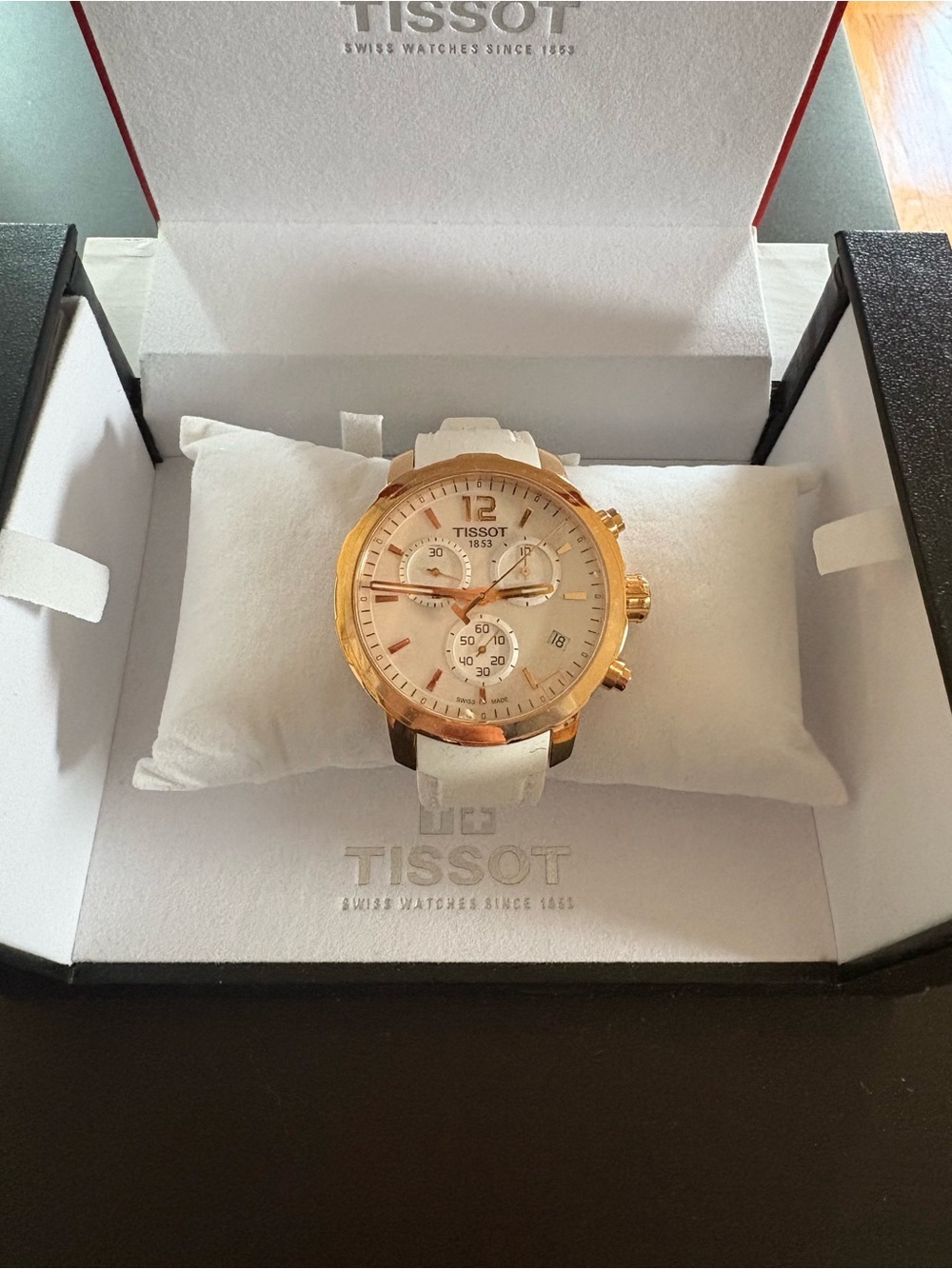 Tissot Rose Gold Case Watch with White Dial and White Strap